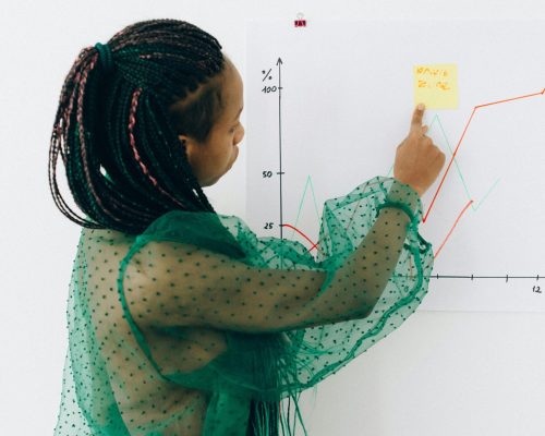 Focused woman points to financial graph, showcasing analysis & strategy.